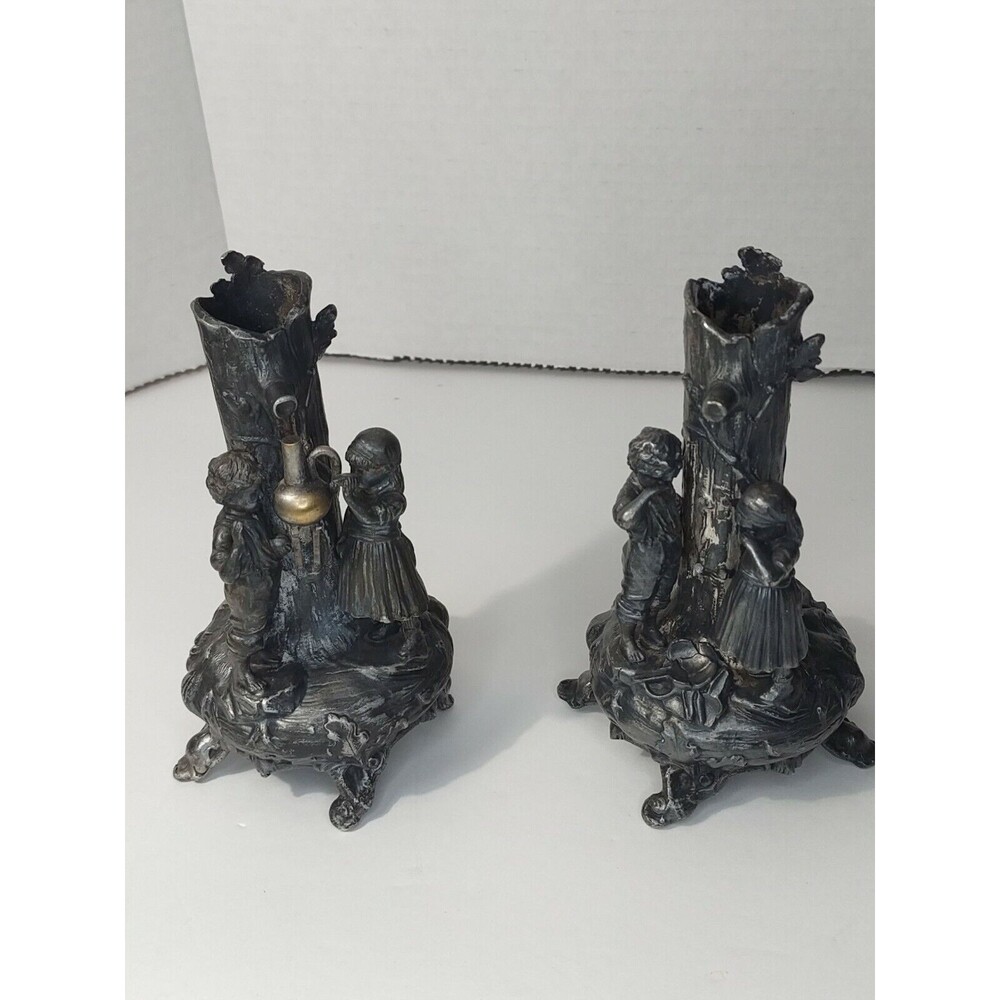 WMFB Candlestick Holders Boy Girl Crying Over Broken Vase Sculpture Tree Trunk